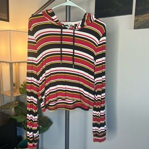 Striped hooded long sleeve cropped shirt